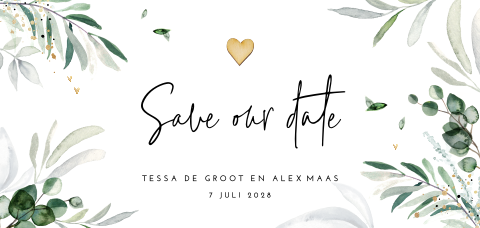 Hippe Botanische save the date met goudlook elementen