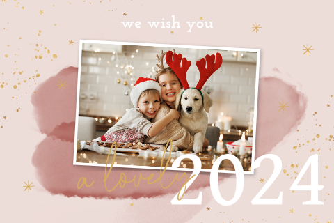 Stijlvolle kerstkaart met foto en roze watercolour