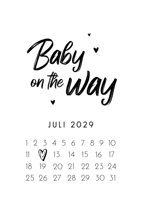 Zwart-witte aankondiging zwangerschap met kalender en hartjes