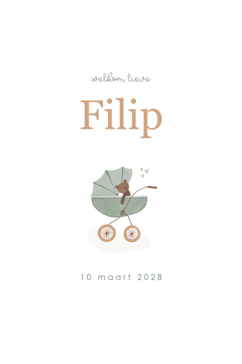 Geboortekaartje met klassieke kinderwagen en groen