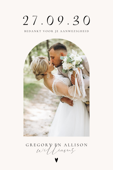 Klassieke bedankkaart bruiloft met foto en ronde hoeken