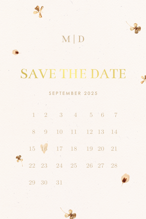 Save the Date kaart met geperste bloemen en kalender