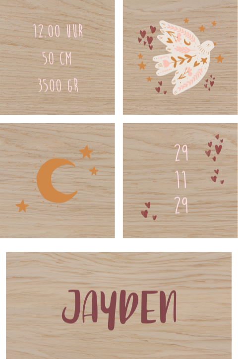 Houten blokken met boho thema en geboortegegevens