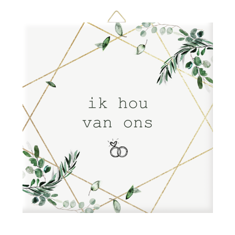 Tegeltje bruiloft met geometrische vormen en eucalyptus takjes