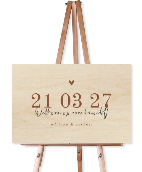 Houten welkomstbord bruiloft met datum in groot