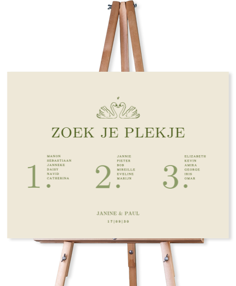 Tafelschikkingsbord bruiloft in groen met zwanen