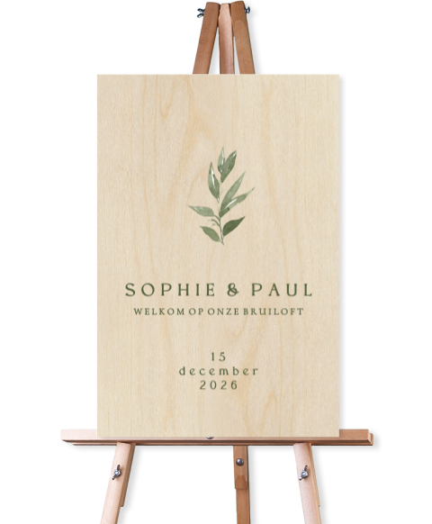 Houten welkomstbord met olijftak