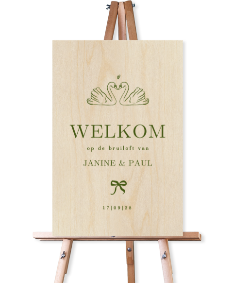 Welkomstbord van hout voor bruiloft klassiek met zwanen en strik