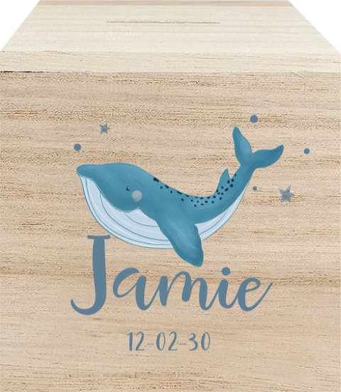 Houten spaarpot met walvis en naam