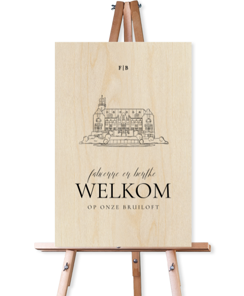 Welkomstbord van hout voor bruiloft met illustratie de Hooge Vuursche