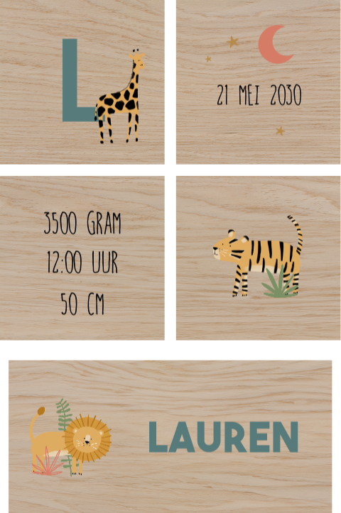 Houten blokken met jungle thema en geboortegegevens
