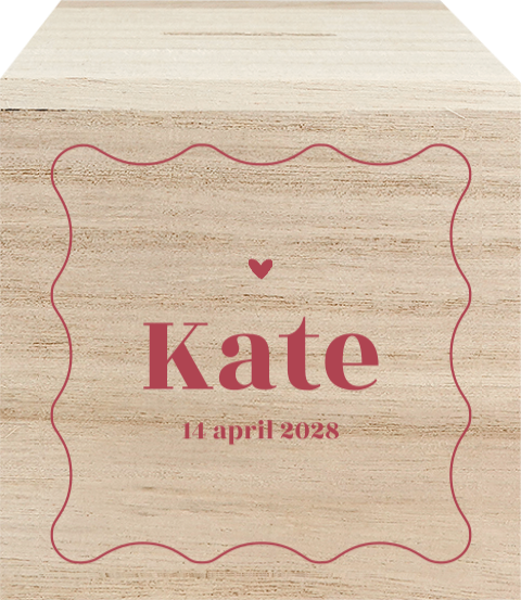 Houten spaarpot met naam, golvend kader en hartje