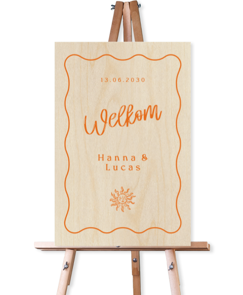 Welkomstbord van hout voor zomer Italiaanse bruiloft