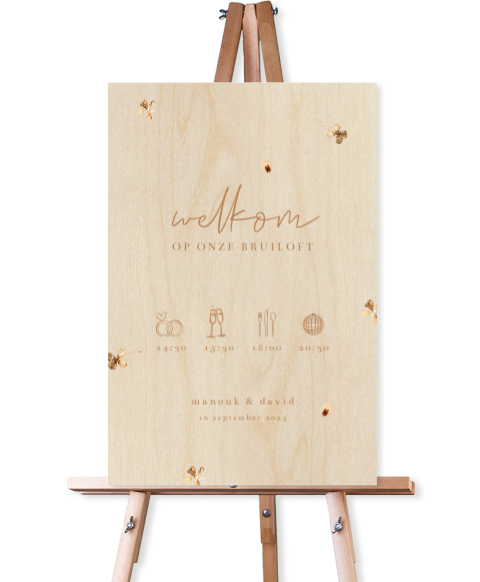 Houten programmabord bruiloft met droogbloemen
