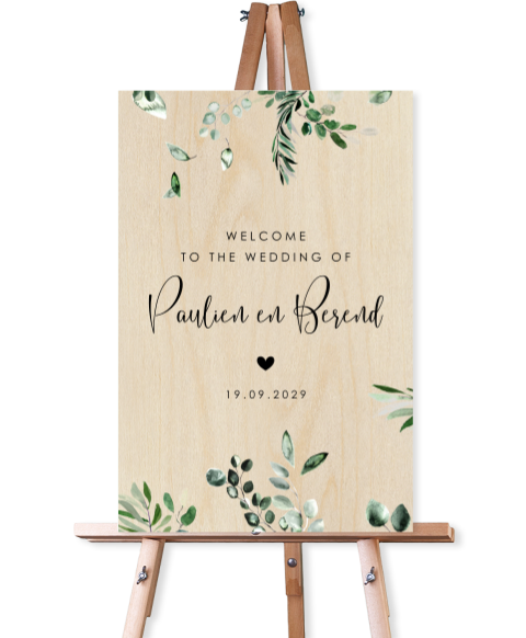 Houten welkomstbord bruiloft botanisch