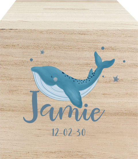 Houten spaarpot met walvis en naam