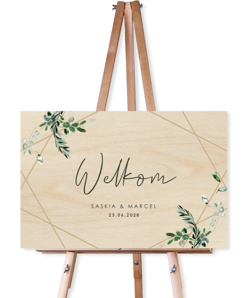Welkomstbord van hout voor bruiloft botanisch geometrisch