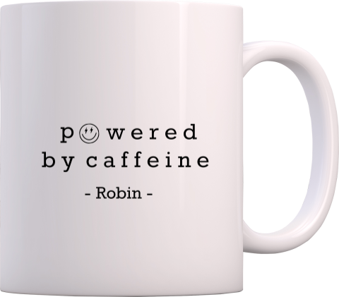 Mok met powered by caffeine tekst als leuk bedrijfs­cadeau