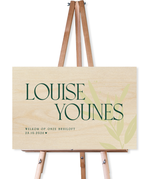 Welkomstbord van hout typografisch in groen met olijftakje
