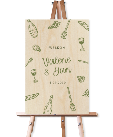 Welkomstbord van hout met groen strepen getekende illustraties