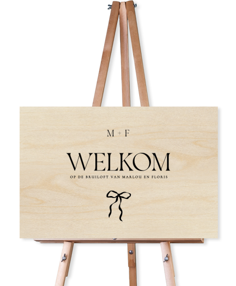 Welkomstbord van hout voor bruiloft met zwarte strik