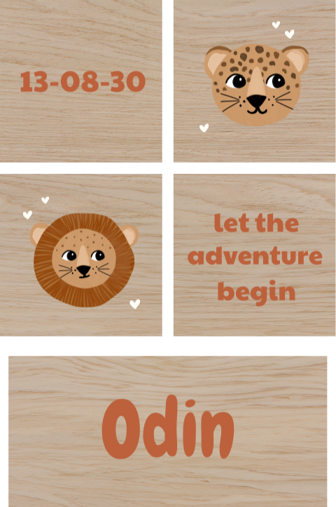 Houten blokken met junglethema en geboortegegevens