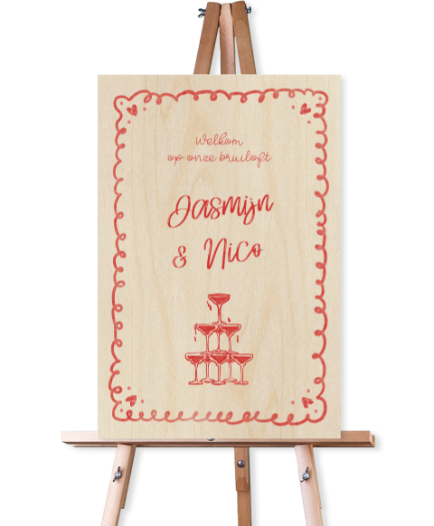 Welkomstbord van hout voor bruiloft met romantisch illustraties