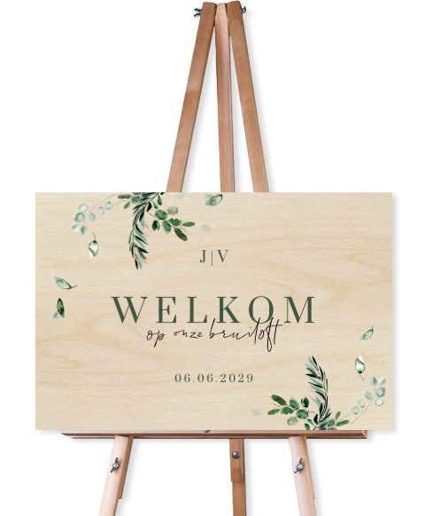 Welkomstbord van hout voor bruiloft met takjes