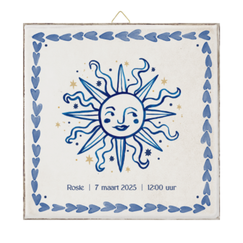Geboorte tegeltje met illustratie van zon in blauw