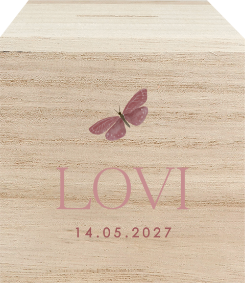 Houten spaarpot met naam en vlinder