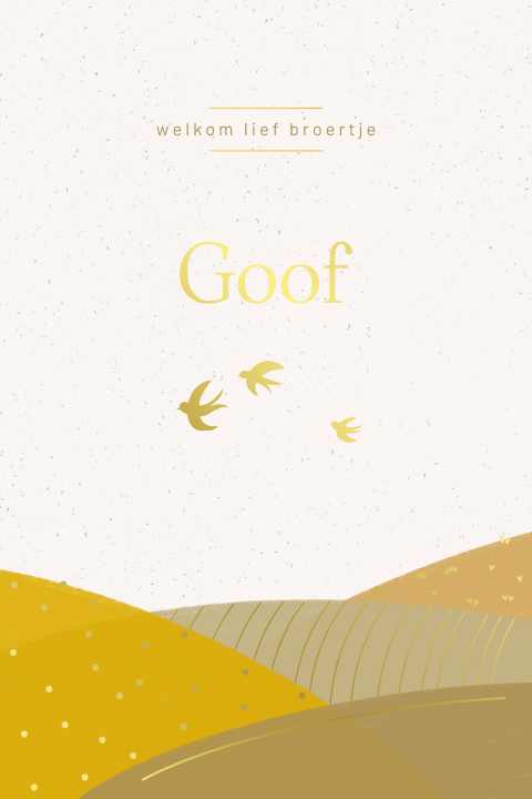 Geboortekaartje met goudfolie, heuvels en vogels