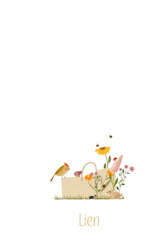 Geboortevlag met bloemen, dieren en een mandje met baby