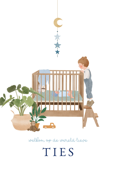 Kaartje met baby broertje in de box en grote zus die komt kijken