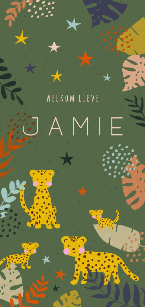 Stoer jungle geboortekaartje met een familie luipaard