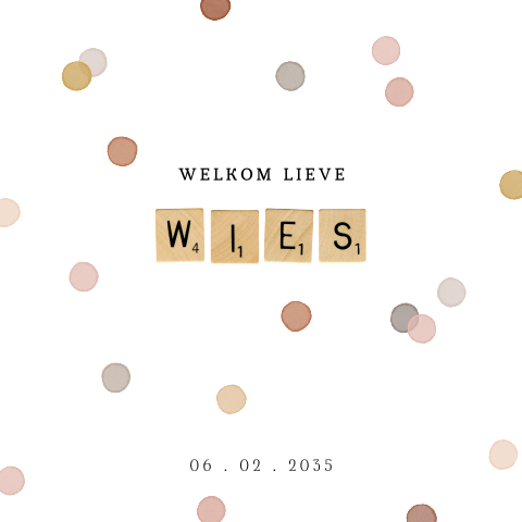 Vrolijk confetti geboortekaartje met scrabble letters