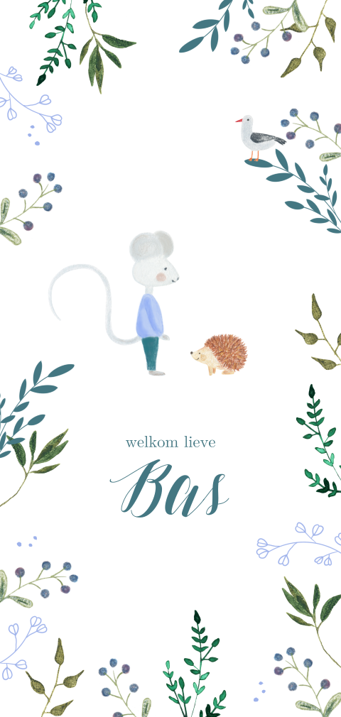 Lief langwerpig geboortekaartje met een muis en een egel