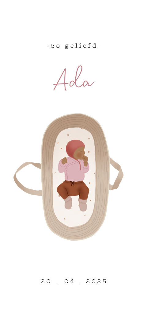 Geboortekaartje met een baby in een mandje en ronde hoeken
