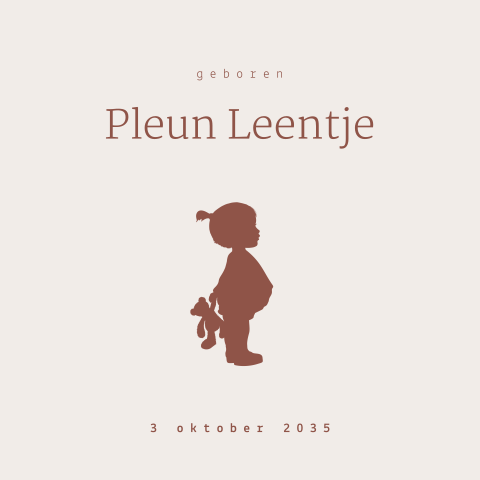 Klassiek geboortekaartje met silhouet van meisje met teddybeer