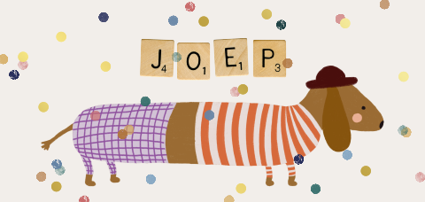 Vrolijk geboortekaartje met een hond, gekleurde confetti en folie