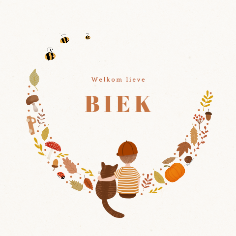 Herfst geboortekaartje met een jongen en een kat