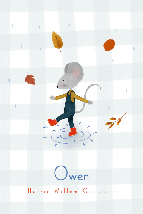 Herfst geboortekaartje met een lief muisje in de regen