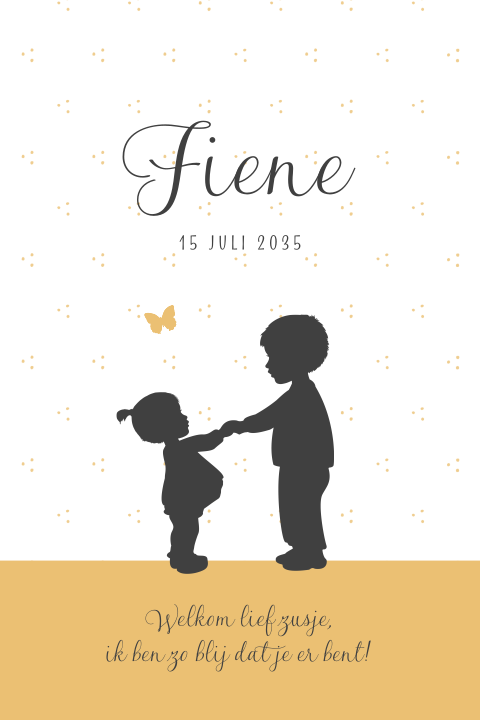 Lief silhouet geboortekaartje met een kleine zus en een grote broer