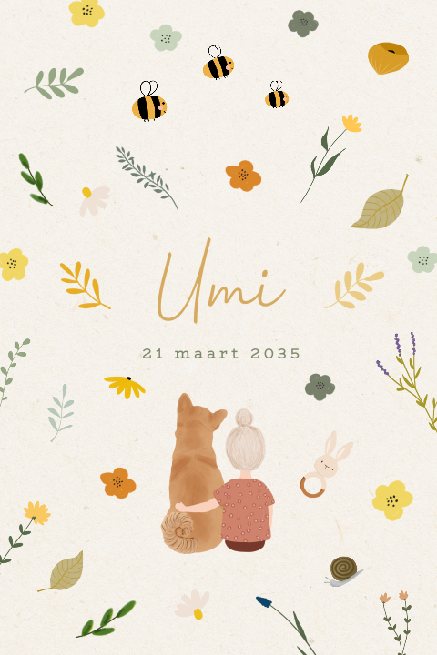 Lente geboortekaartje met een meisje, hond en andere illustraties