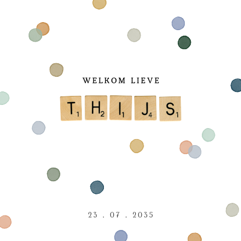Vrolijk genderneutraal confetti geboortekaartje met scrabble letters