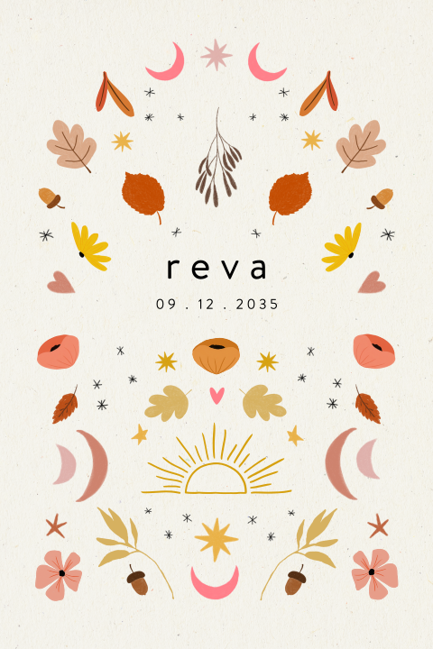 Boho herfst kaartje met blaadjes, manen en sterren op eco papier