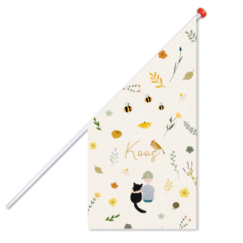 Vrolijke lente geboortevlag met een jongen, dieren en bloemen