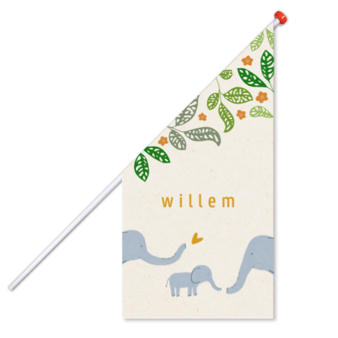 Geboortevlag met olifantjes, een hartje en jungle blaadjes