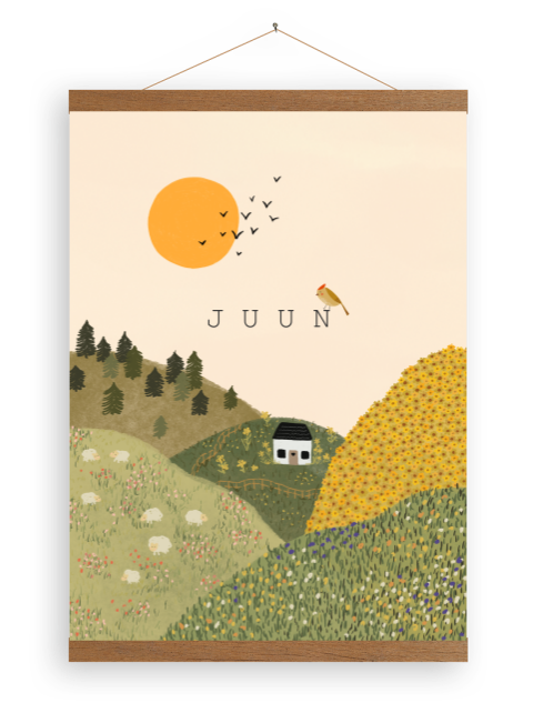 Canvasposter van heuvels, een huisje, de zon en vogels