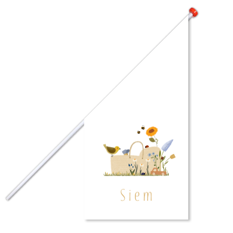 Geboortevlag met een reismandje, bloemen en een vogel