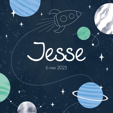 Geboortekaartje Jongen raket, planeten en sterren blauw groen